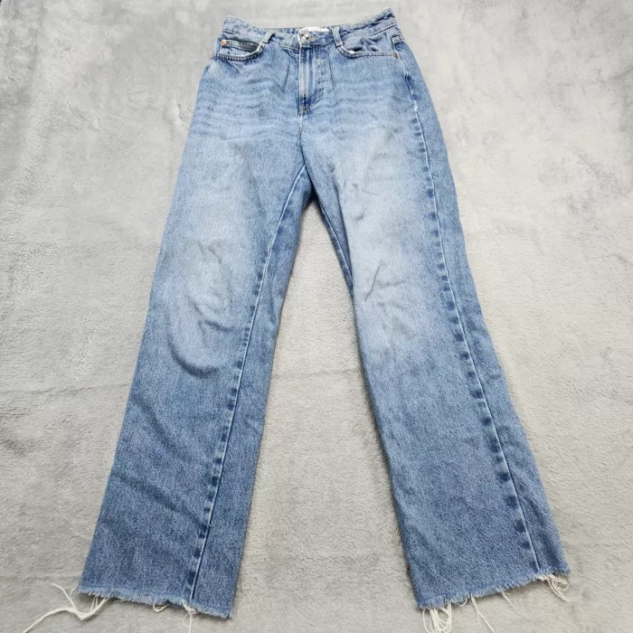 Zara Womens Jeans Size 4 Blue High Rise Straight Frayed Hem Denim Pants - Front