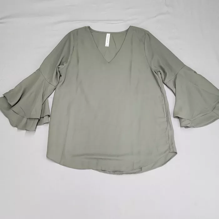 Zenana Outfitters Womens M Blouse Sage Green V-Neck 3/4 Tiered Bell Sleeve - Front