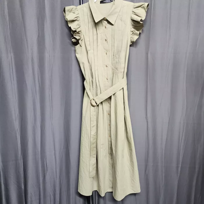 ZESICA Size S Olive Green Cotton Ruffle Sleeve Midi Shirt Dress Button Front - Front