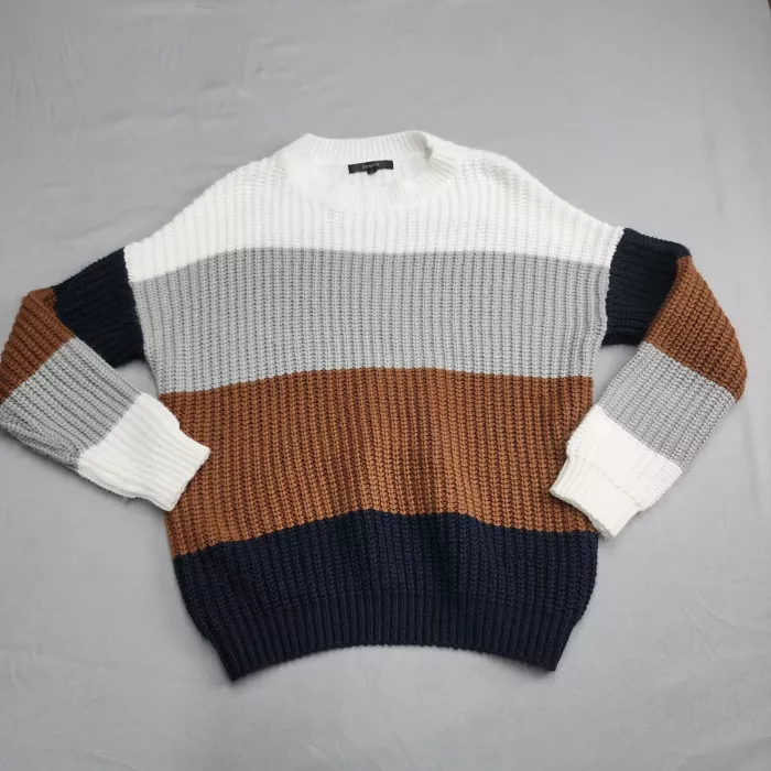 Zesica Womens Colorblock Chunky Knit Sweater Pullover Crewneck Navy Brown S - Front