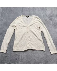 Frye Cardigan Sweater Women's M Ivory Cream Pointelle Cotton V-Neck Scalloped