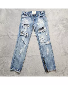 One Teaspoon Trashed Free Birds Skinny Jeans Womens 31 Blue Distressed Ankle Zip