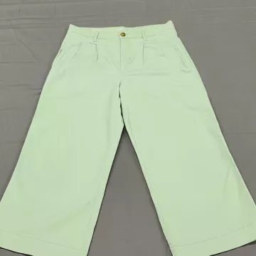 a.n.a Womens 10 Mint Green Wide Leg Cropped Pants High Rise Pleated Stretch - Front