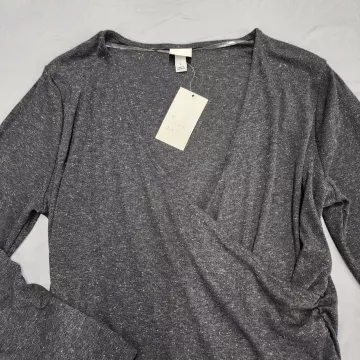A New Day Womens L Gray Wrap Blouse Metallic V-Neck Long Sleeve Knit Top - Main