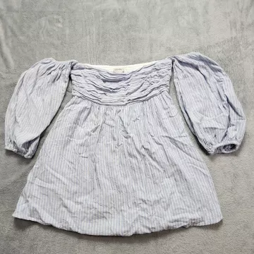 Abercrombie & Fitch Top Size M Blue Striped Linen Blend Off Shoulder Puff Sleeve - Front