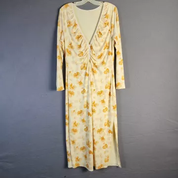 Abercrombie & Fitch Women's XL Yellow Floral Maxi Dress V-Neck Long Sleeve - Front