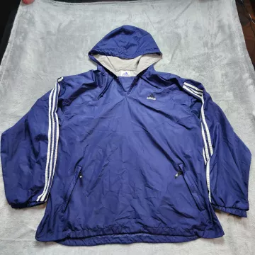 Adidas Vintage Windbreaker Jacket Men's 2XL Navy Blue Pullover Hooded 3-Stripes - Front
