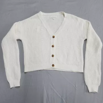 Aeropostale Womens Cardigan Sweater Size M White Cropped Chunky Ribbed Knit - Front