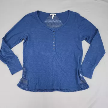 Aeropostale Womens XL Blue Henley Top Long Sleeve Mixed Media Knit Back Shirt - Front