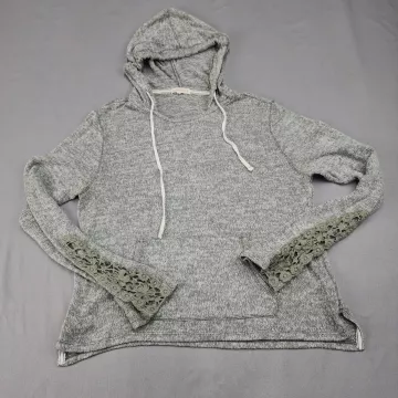 Aeropostale Womens XL Heather Gray Pullover Hoodie Lace Trim Sleeve Knit - Front