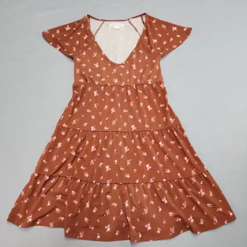 Aeropostale Womens XS Brown Floral Tiered Mini Dress V-Neck Short Sleeve - Front