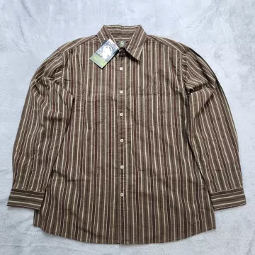 Aigle Men's Shirt Large Brown Striped Button Up Long Sleeve Cotton Double Pocket - Front