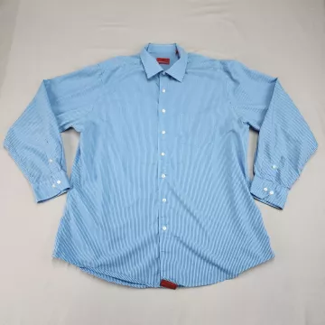Alfani Dress Shirt Mens XL 17.5 36-37 Blue Striped Fitted Stretch Long Sleeve - Front