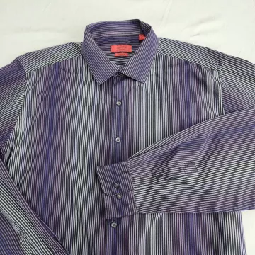 ALFANI Men's L Fitted Dress Shirt Purple Black White Striped Button Front Stretc - Main