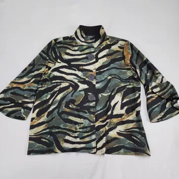 Ali Miles Plus 1X Button Up Shirt Multicolor Animal Print Mock Neck Bell Sleeve - Front