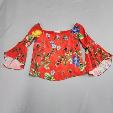 Alice Olivia Off The Shoulder Blouse Womens XS Red Floral Bell Sleeve Top - Front