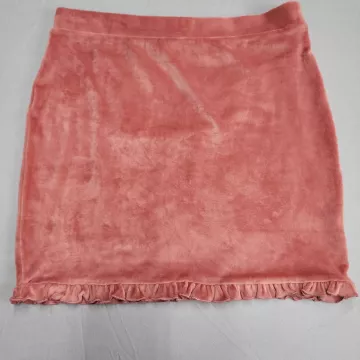 Altar'd State Womens L Pink Velour Mini Skirt Ruffle Hem Stretch Pull On - Front