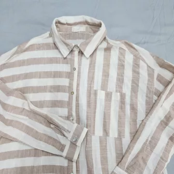 Altard State Womens M Beige White Striped Button Up Shirt Long Sleeve Relaxed - Main