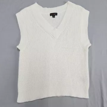Ambiance Apparel Sweater Vest Womens M White V-Neck Sleeveless Cotton Knit - Front