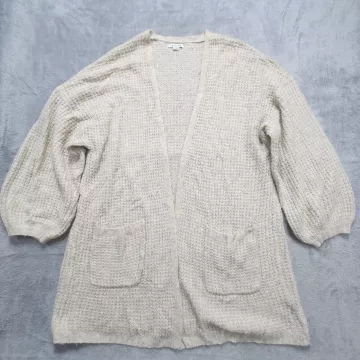 American Eagle Cardigan Sweater Women's XL Cream Waffle Knit Open Front Pockets