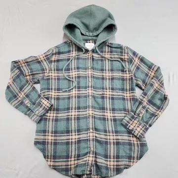 AMERICAN EAGLE OUTFITTERS Hooded Flannel Shirt Plaid Green Teal Tan Women's XS - Front