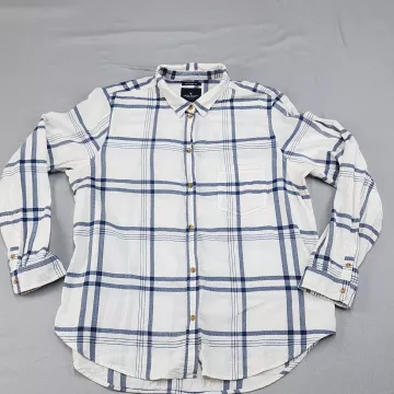 American Eagle Outfitters Womens XL Boyfriend Button Up Shirt Blue Plaid Cotton - Front