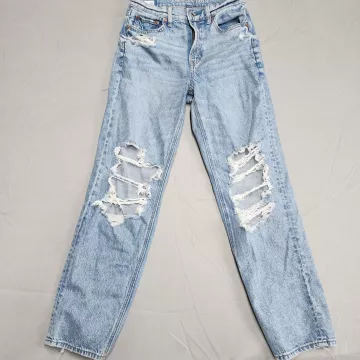 American Eagle Super Baggy Straight Jeans Womens Size 0 Light Blue Distressed - Front