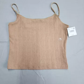 American Eagle Womens L Tan Ribbed Velvet Trim Camisole Tank Top Scoop Neck - Front