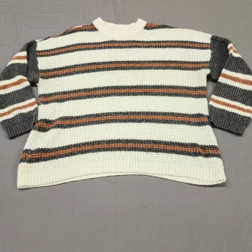 American Eagle Womens M Waffle Knit Sweater Striped Pullover Cream Gray Rust - Front