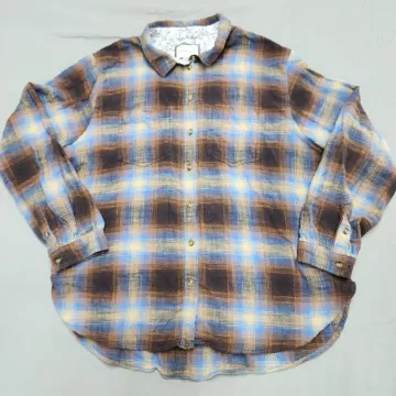 American Eagle Womens XXL Flannel Button Up Shirt Blue Brown Plaid Cotton - Front