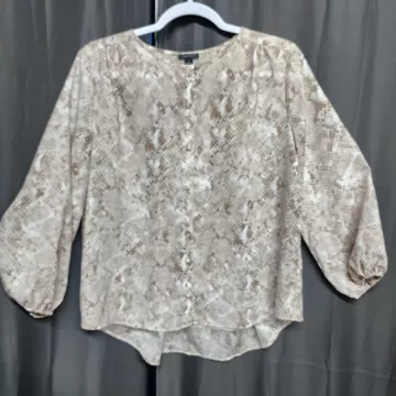 Ann Taylor Blouse Womens Small Beige Snakeskin Animal Print Button Front Top - Front