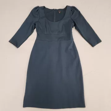 Ann Taylor Teal Sheath Dress Womens Size 0 3/4 Puff Sleeve Stretch Knit Lined - Front