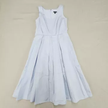 Ann Taylor Womens 00P Petite Light Blue Fit Flare Dress Sleeveless Cotton Lined - Front