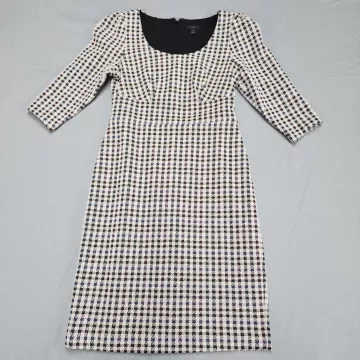 Ann Taylor Womens 2P Petite Houndstooth Sheath Dress Scoop Neck Lined Office - Front