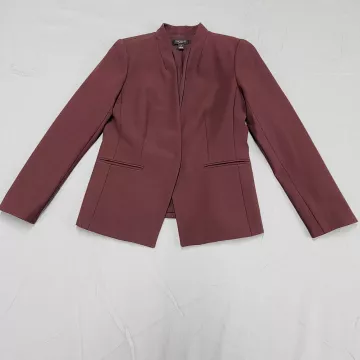 Ann Taylor Womens Blazer 2P Petite Burgundy Open Front Lined Long Sleeve Jacket - Front