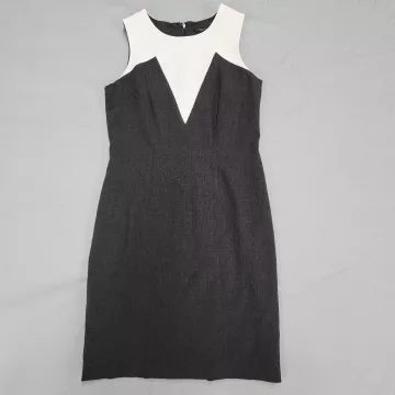 Ann Taylor Womens Dress Size 4P Gray White Colorblock Sheath Sleeveless V-Neck - Front