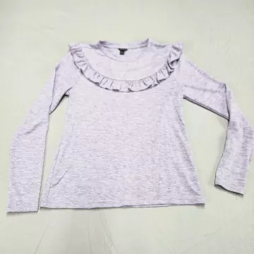 Ann Taylor Womens M Purple Heathered Long Sleeve Ruffle Crew Neck Knit Top - Front