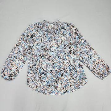 Anne Klein Blouse Womens L Multicolor Animal Print Tie Neck Long Sleeve Top - Front