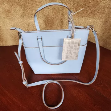 Anne Klein Satchel Handbag Light Blue Faux Leather Crossbody Saffiano Lion Logo - Front