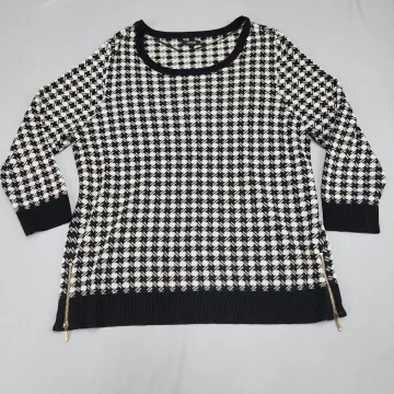 Apt. 9 Womens XL Sweater Black White Houndstooth Metallic 3/4 Sleeve Pullover - Front