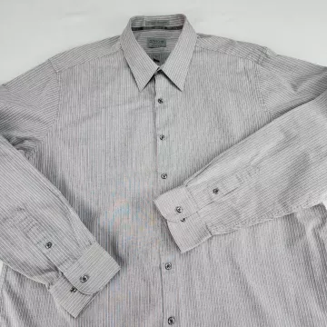 ARROW Dress Shirt Slim Fit Men's XL 17.5 36/37 Gray Red White Stripe Wrinkle Fre - Main