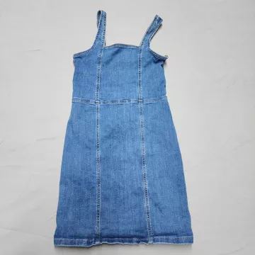 Art Class Girls XL 14 Blue Denim Pinafore Dress Sleeveless Square Neck Stretch - Front