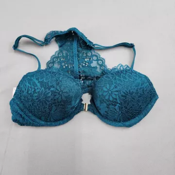 auden Push Up Bra Women's 32A Teal Blue Demi Coverage Racerback Front Clasp Lac - Front