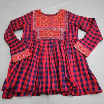 Balochi Sindhi Shisha Mirror Embroidered Dress Tunic Womens M Red Plaid Cotton - Front