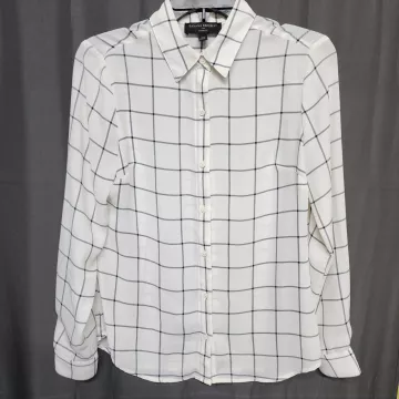 BANANA REPUBLIC Blouse Button Up Shirt Women's XS White Black Grid Long Sleeve - Front