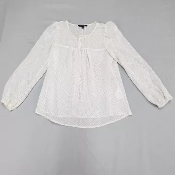 Banana Republic Blouse Womens XS Petite White Metallic Polka Dot Sheer Peasant - Front