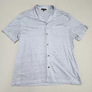 Banana Republic Men's XL Light Blue 100% Linen Camp Collar Short Sleeve Shirt - Front