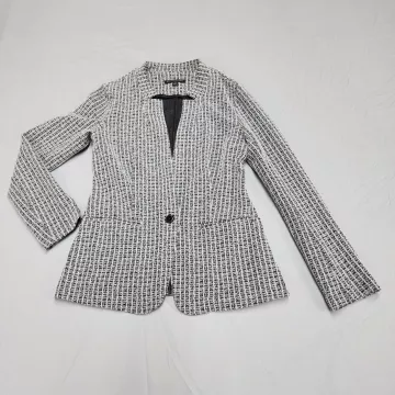 Banana Republic Womens Blazer XS Black White Tweed Knit One Button Stretch - Front