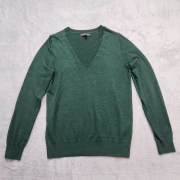 Banana Republic Womens Small Petite Green Merino Wool V-Neck Pullover Sweater - Front