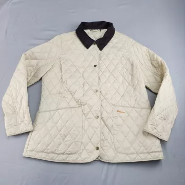 Barbour Women's M 14 Cream Beige Quilted Jacket Button Corduroy Collar - Front